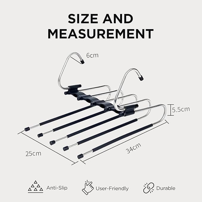 Pants Hangers Space Saving (2-Pack) - 5 Layer Stainless Steel Clothes Hangers – Multi-Layer Closet Organizer for Pants, Jeans, Trousers, Scarves, and Slacks