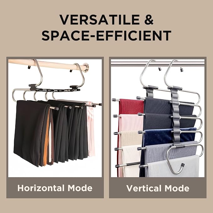 Pants Hangers Space Saving (2-Pack) - 5 Layer Stainless Steel Clothes Hangers – Multi-Layer Closet Organizer for Pants, Jeans, Trousers, Scarves, and Slacks