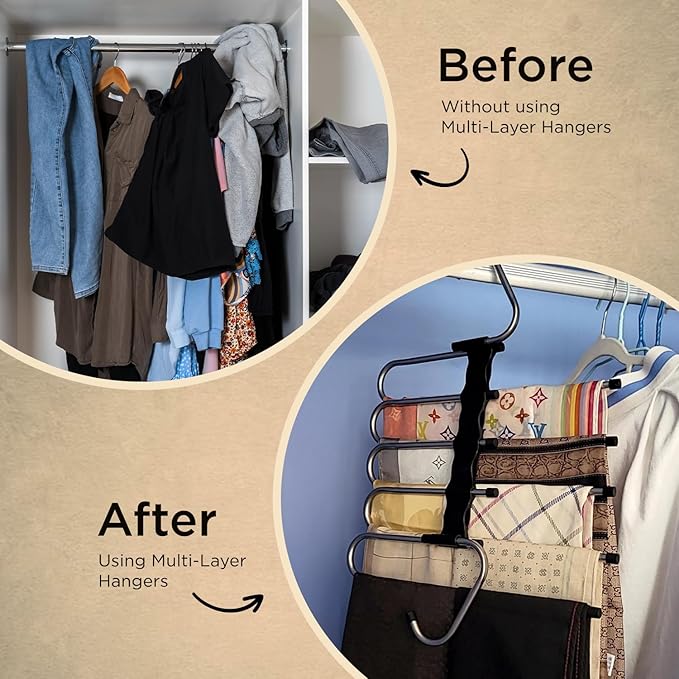 Pants Hangers Space Saving (2-Pack) - 5 Layer Stainless Steel Clothes Hangers – Multi-Layer Closet Organizer for Pants, Jeans, Trousers, Scarves, and Slacks