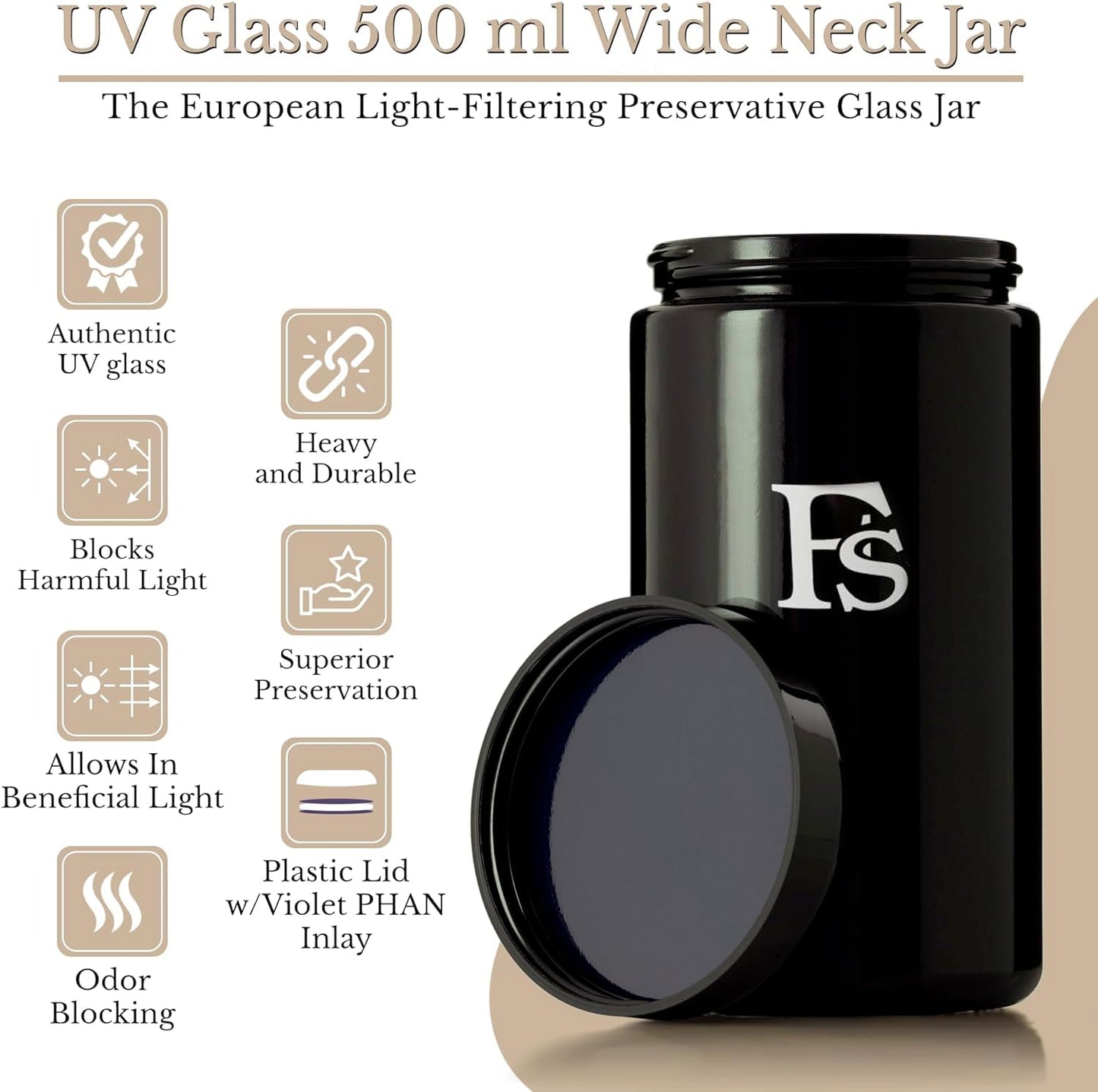 Airtight Storage Container Black Glass Jar 500ml - UV Protection For Herbs, Spices, Coffee, Teas - Pack of 1
