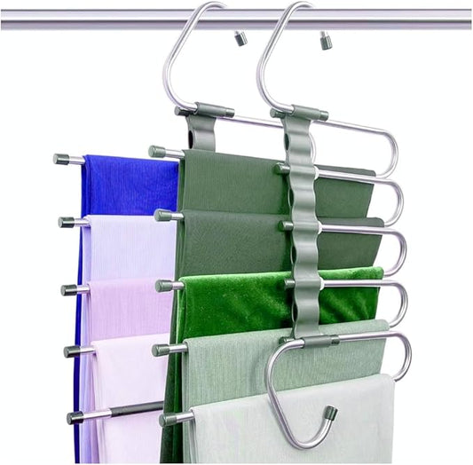 Pants Hangers Space Saving (2-Pack) - 5 Layer Stainless Steel Clothes Hangers – Multi-Layer Closet Organizer for Pants, Jeans, Trousers, Scarves, and Slacks